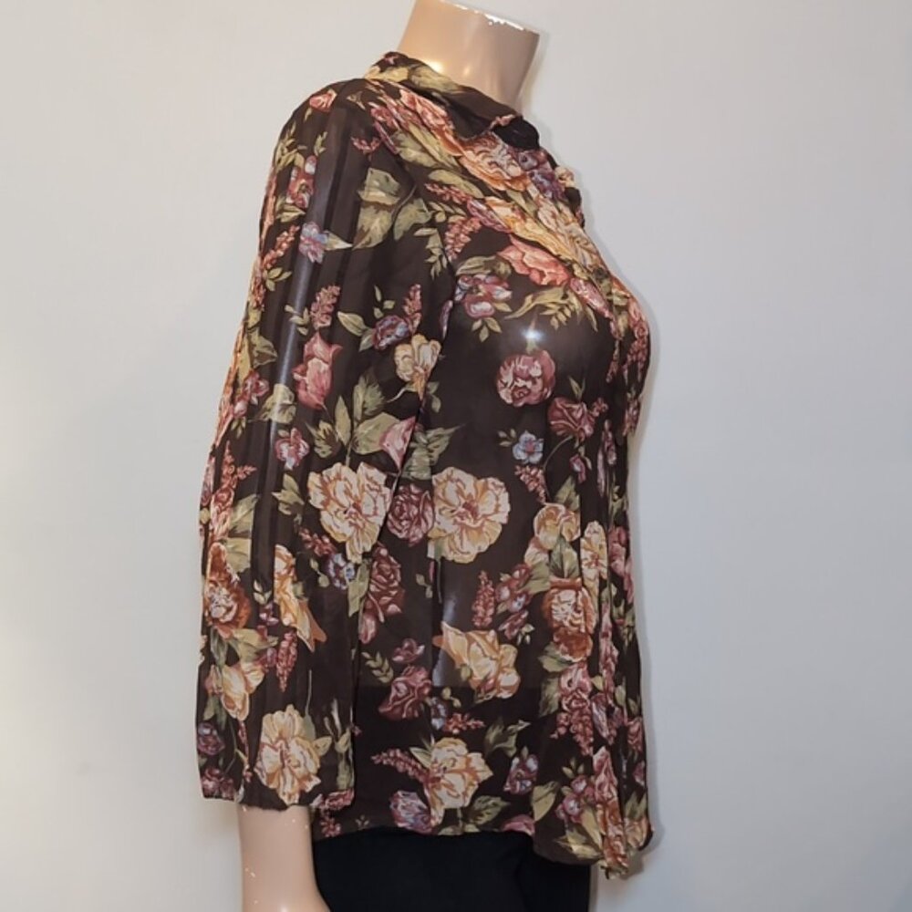CAbi Pure Silk Top Floral Pintucked Velvet Buttoned Shirt Brown Womens Medium - Picture 10 of 14